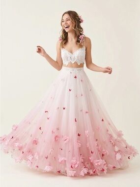 ElegantLight Ivory and Pink 3-D Floral and Butterfly Gown